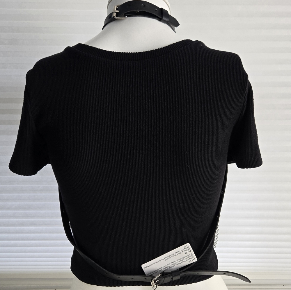 NEW! Leather Chest Harness Black Bra Caged Body Chain Goth Festival Rave Corset - Picture 2 of 5